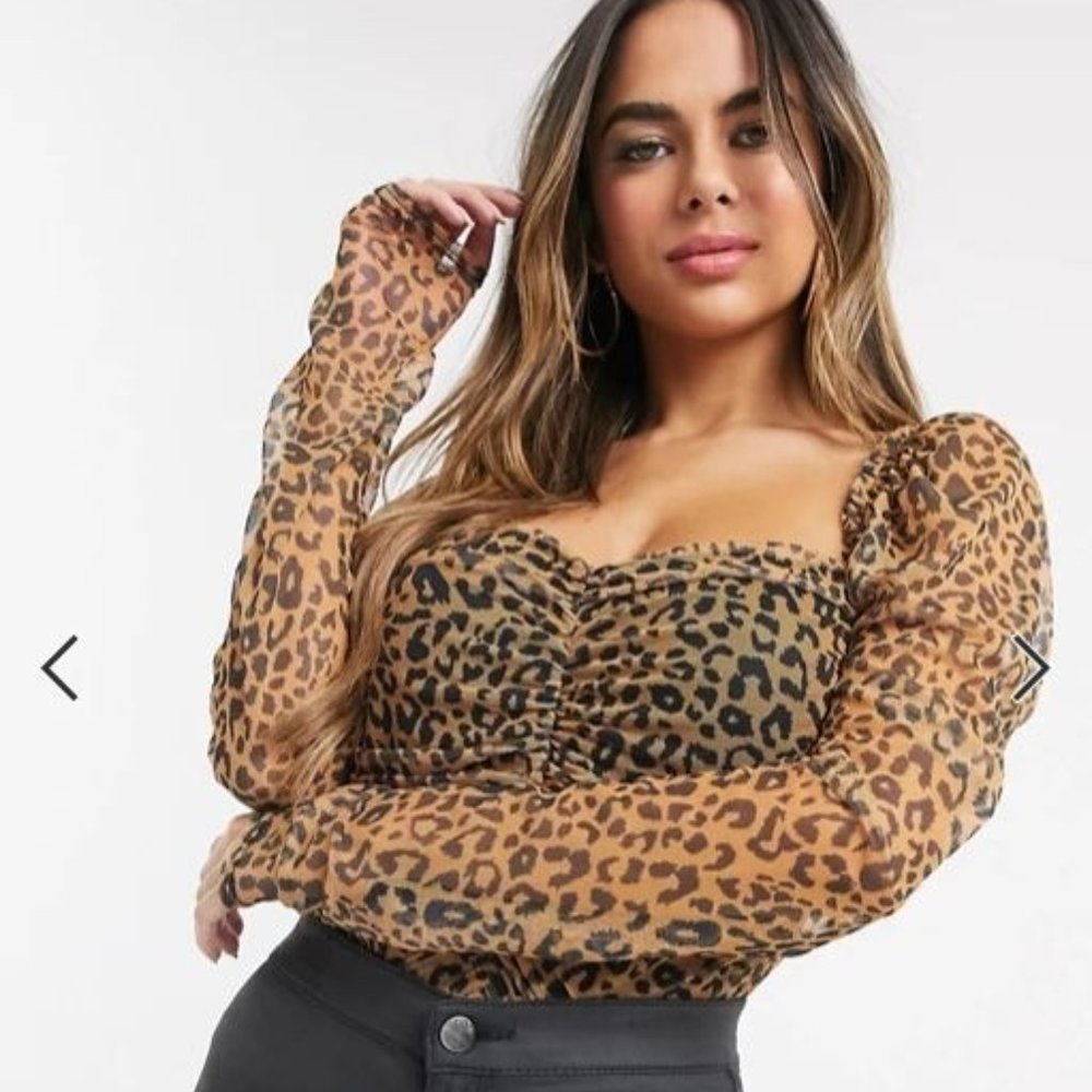 Missguided Ruched Mesh Top in Leopard Print